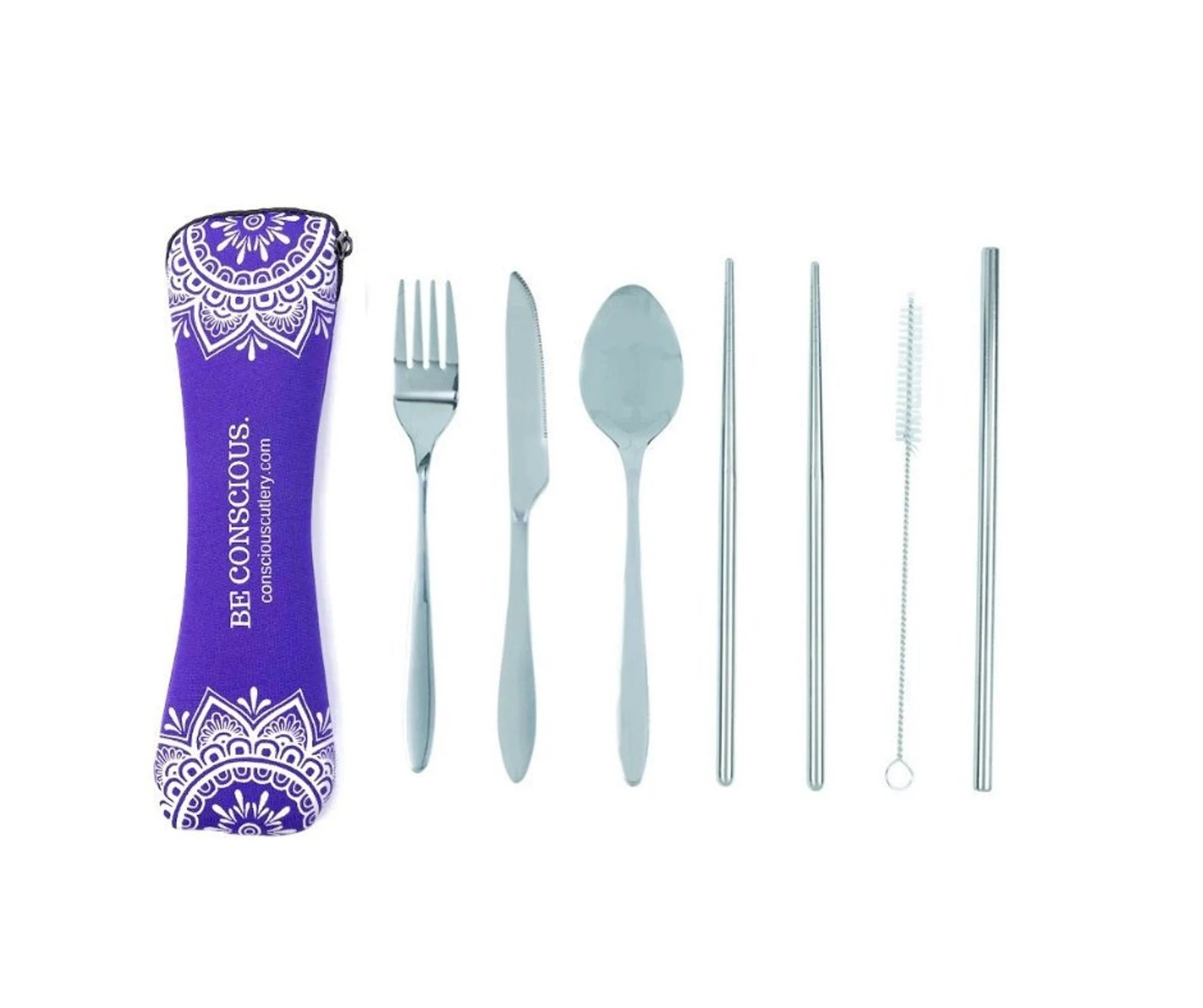 Purple Mandala Travel Cutlery Set Limestone Neoprene Pouch