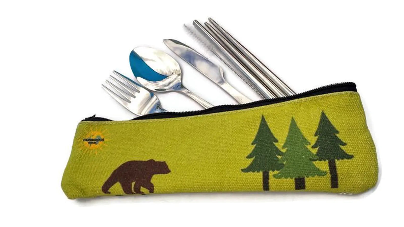 Bear Travel Cutlery Set w/ Cotton Linen Pouch