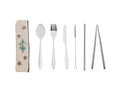 Set of reusable sustainable cutlery and straws with a carrying case on a white background