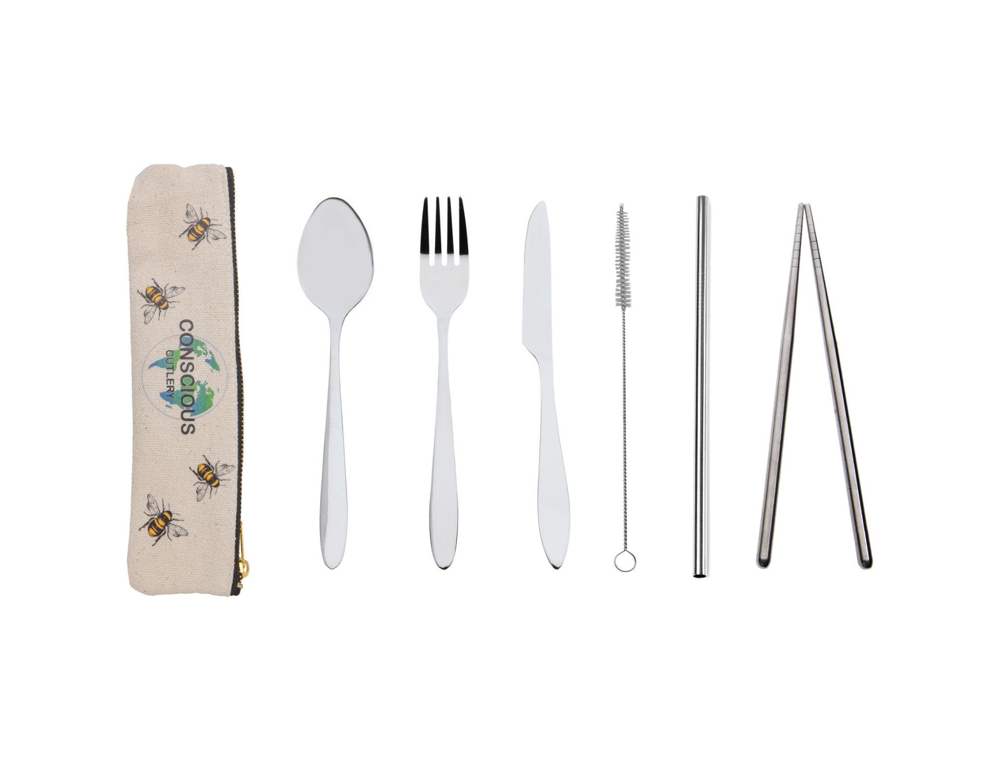 Set of reusable sustainable cutlery and straws with a carrying case on a white background