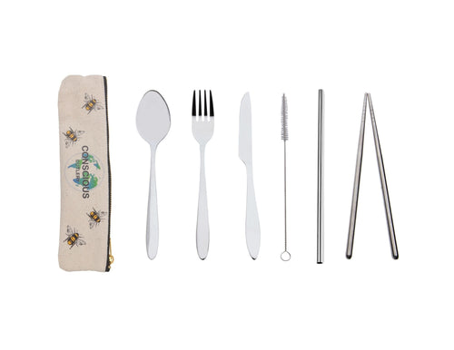 Set of reusable sustainable cutlery and straws with a carrying case on a white background