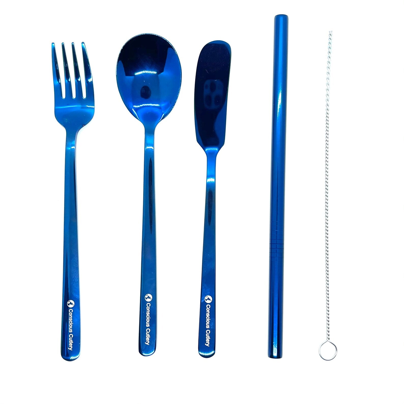 Set of zero waste blue cutlery and straw with cleaning brush on a white background