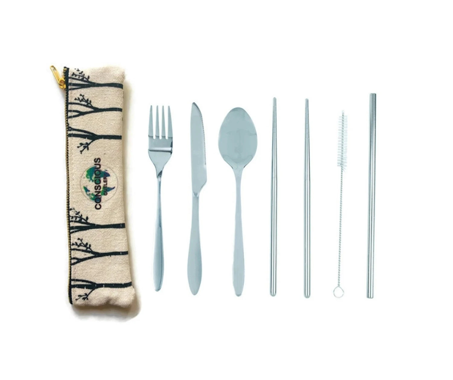 7 Piece Travel Cutlery Set With Hemp Pouch TREES