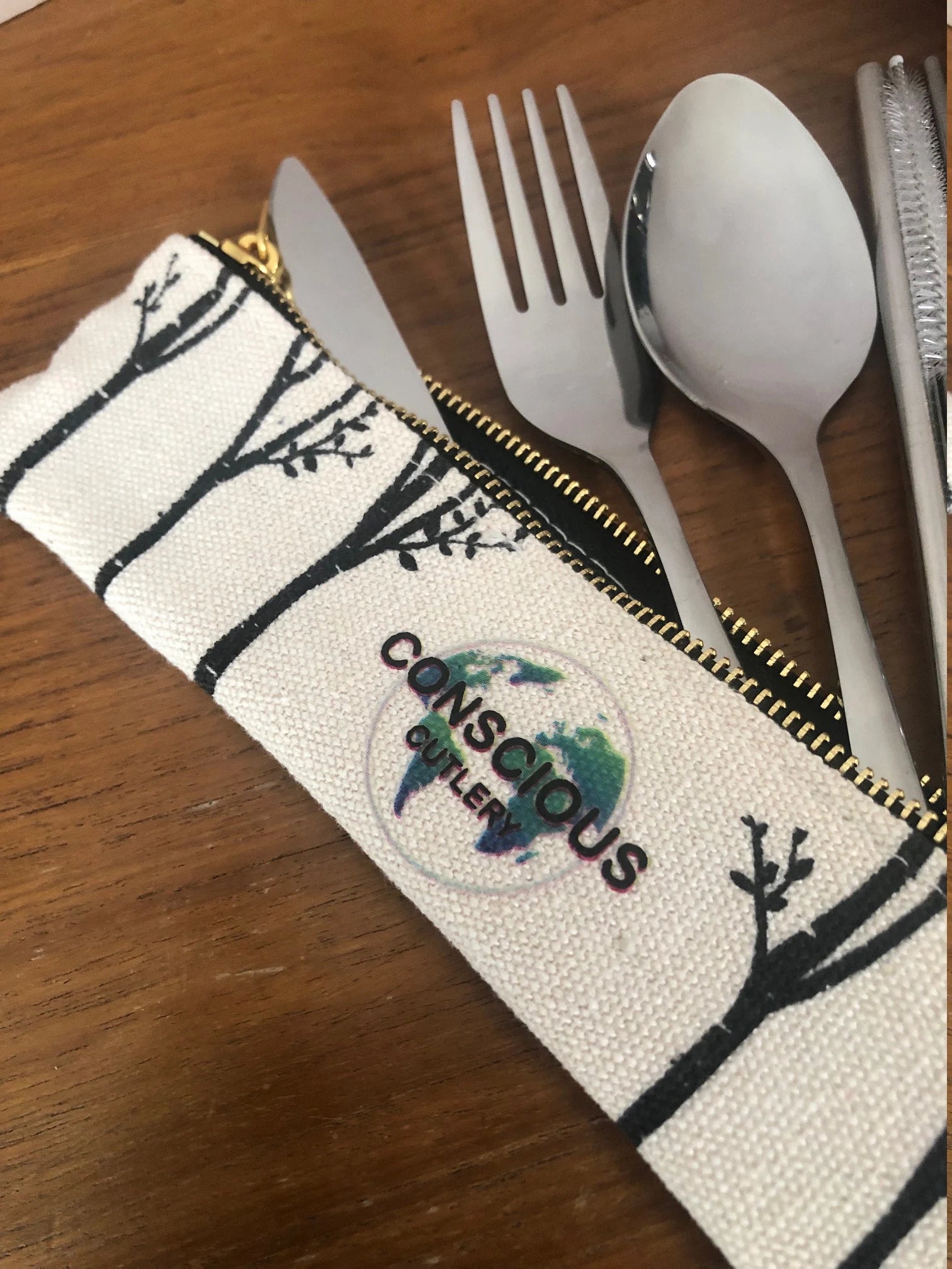 7 Piece Travel Cutlery Set With Hemp Pouch TREES
