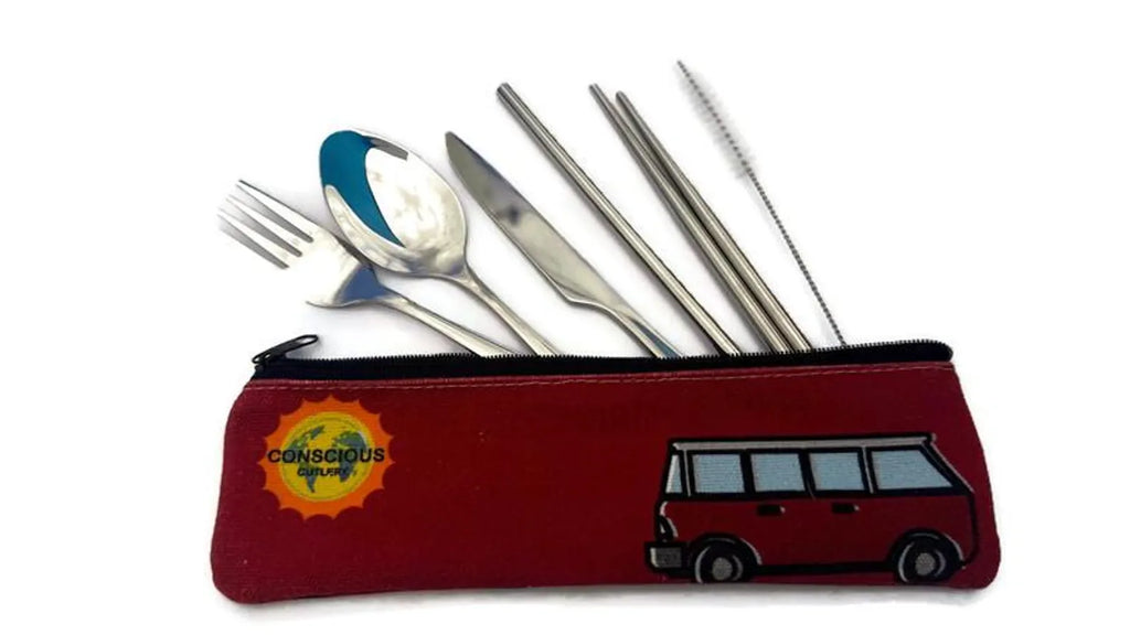 Red Vanagon Travel Cutlery Set w/ Cotton Linen Pouch