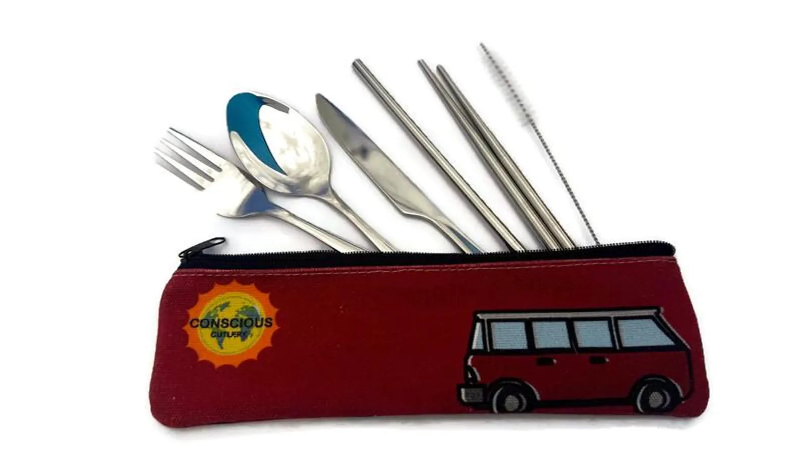 Red Vanagon Travel Cutlery Set w/ Cotton Linen Pouch