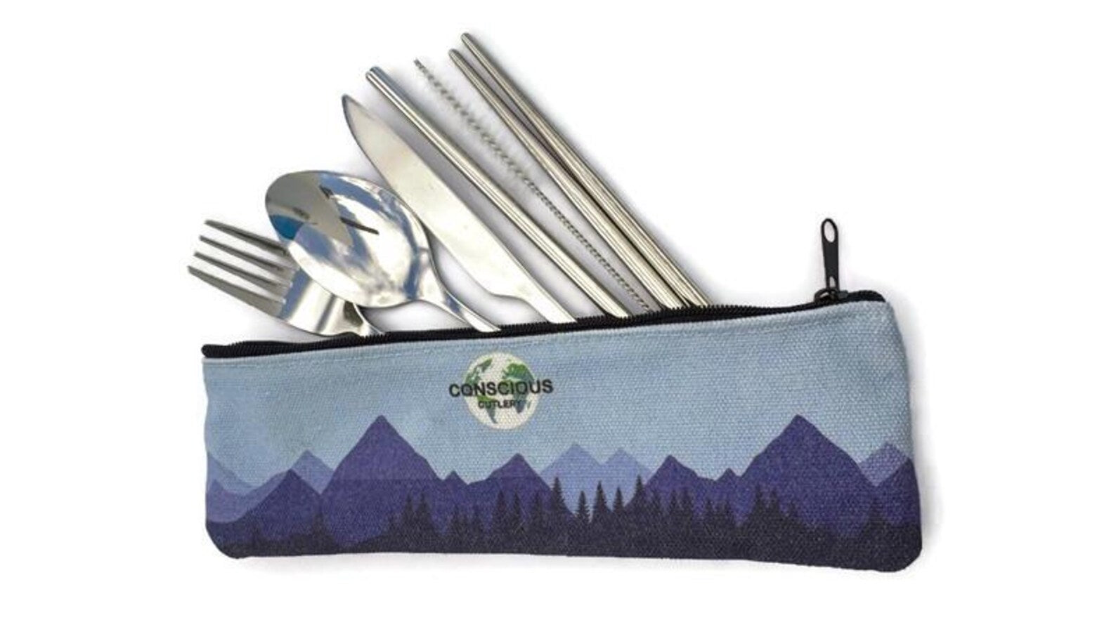 Blue Mountains Travel Cutlery Set w/ Cotton Linen Pouch 