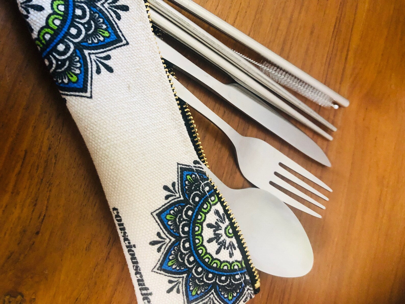 7 Piece Travel Cutlery Set With Hemp Pouch MANDALA