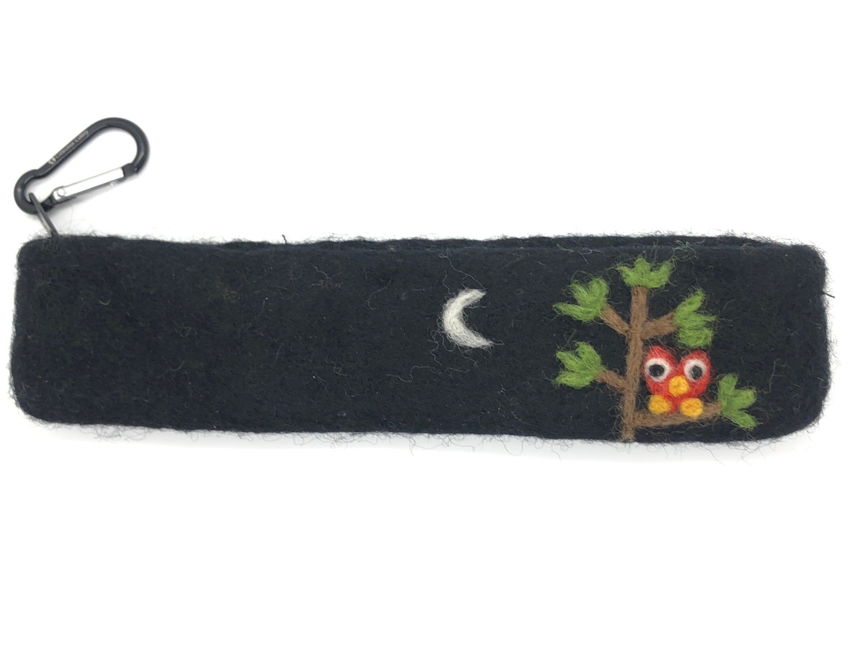 eco-friendly Black felt keychain with embroidered owl and moon design on a white background