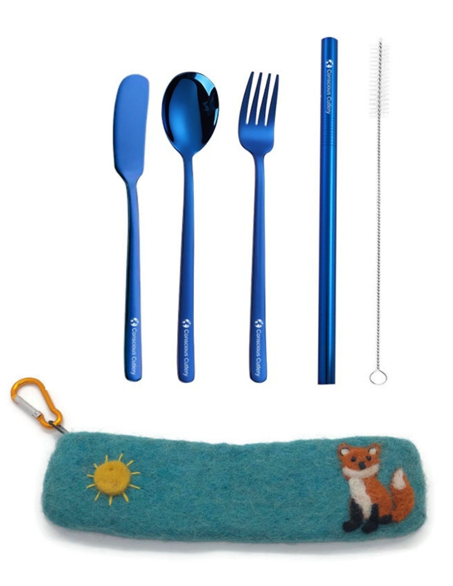 Sustainable Blue cutlery set with straw and cleaning brush on a white background