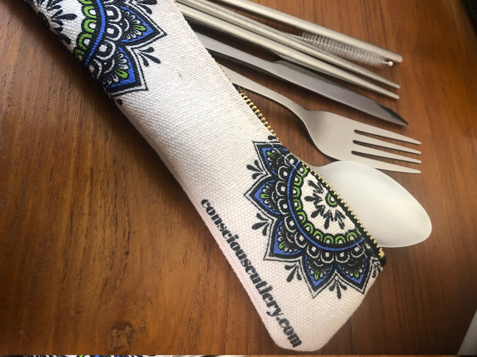 7 Piece Travel Cutlery Set With Hemp Pouch MANDALA