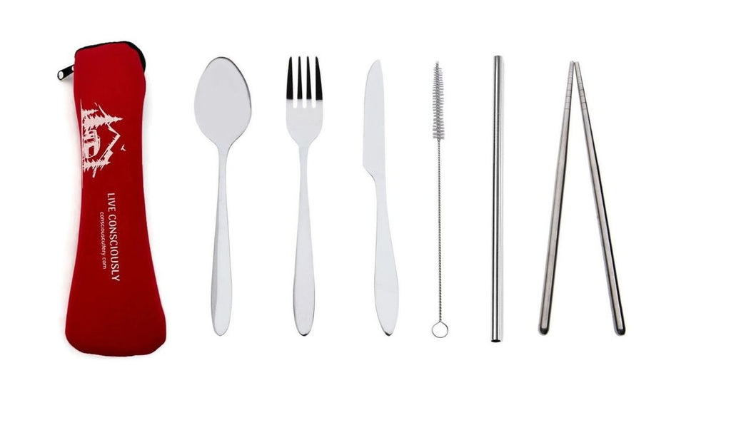 Red Trailer Travel Cutlery Set Limestone Neoprene Pouch