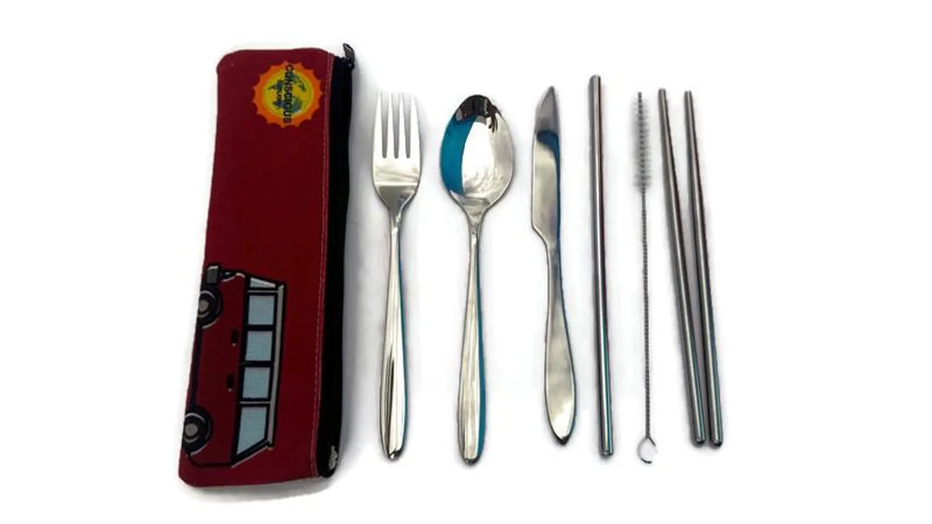 Red Vanagon Travel Cutlery Set w/ Cotton Linen Pouch