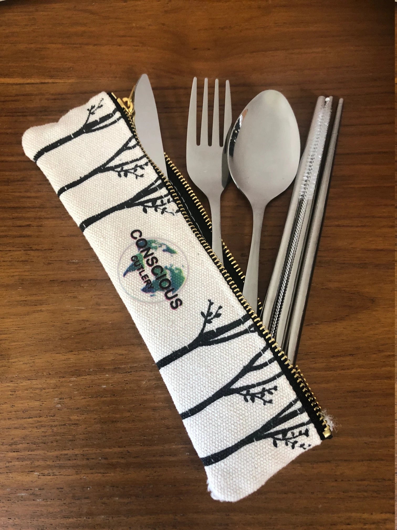 7 Piece Travel Cutlery Set With Hemp Pouch TREES