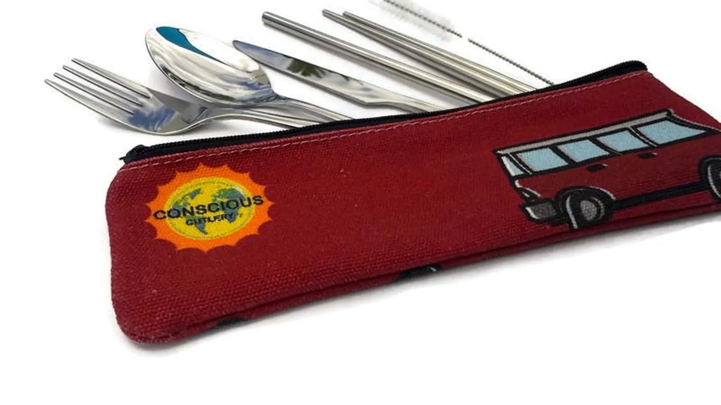 Red Vanagon Travel Cutlery Set w/ Cotton Linen Pouch