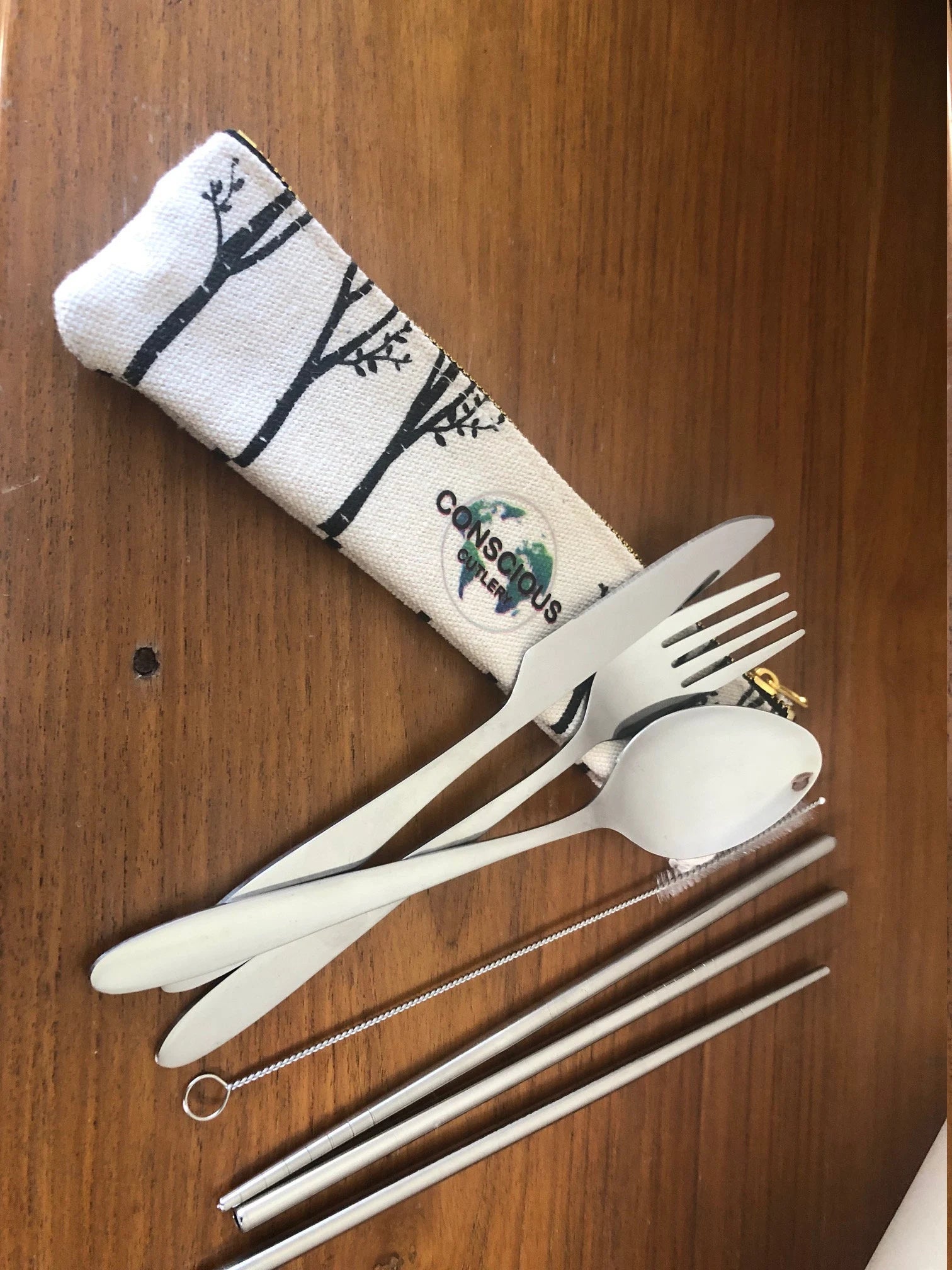 7 Piece Travel Cutlery Set With Hemp Pouch TREES