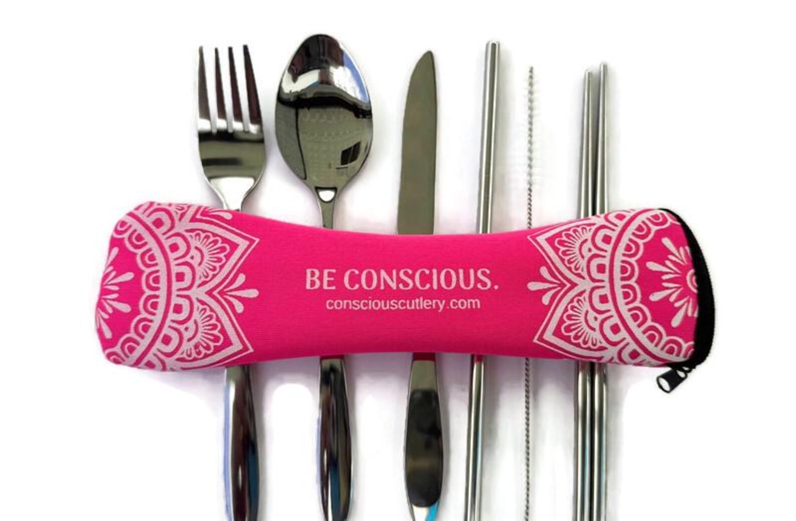 Pink Mandala Limestone Neoprene Travel Cutlery Set 