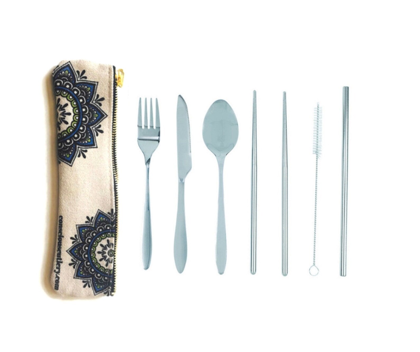 7 Piece Travel Cutlery Set With Hemp Pouch MANDALA