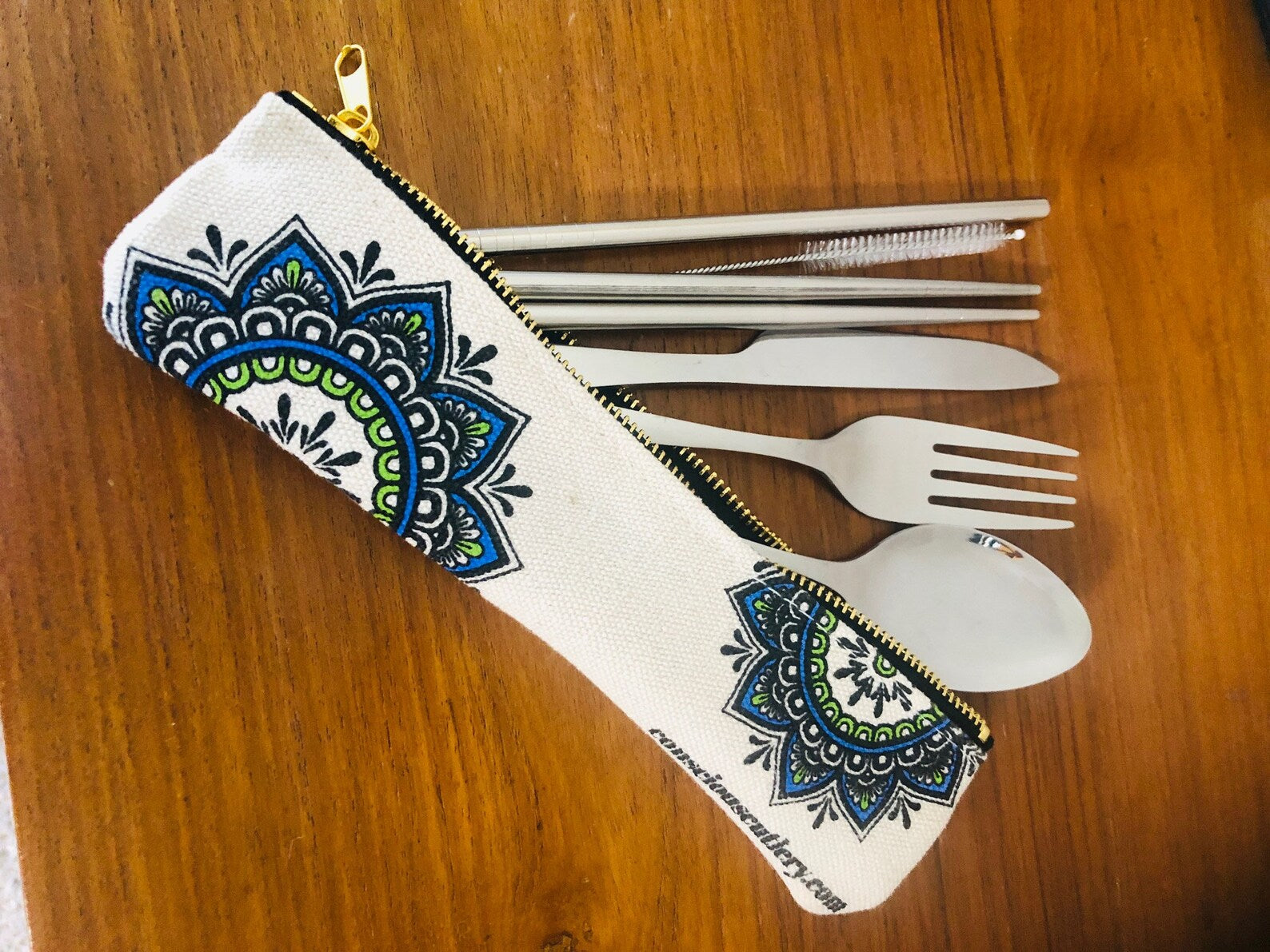 7 Piece Travel Cutlery Set With Hemp Pouch MANDALA