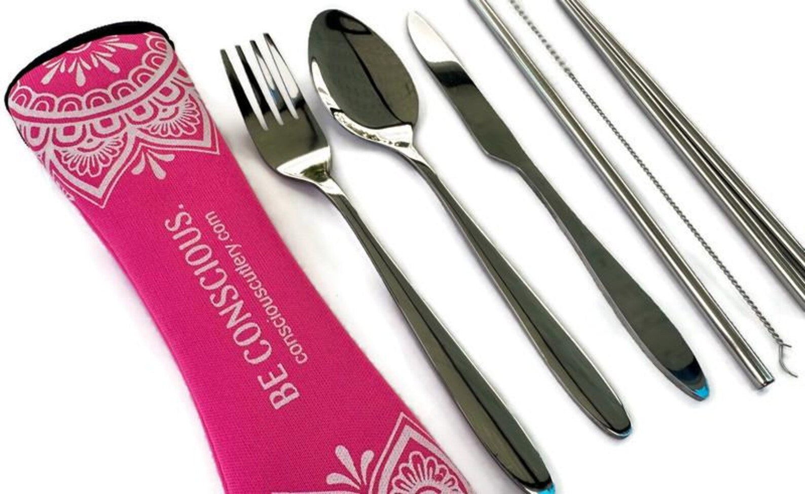Pink Mandala Limestone Neoprene Travel Cutlery Set 