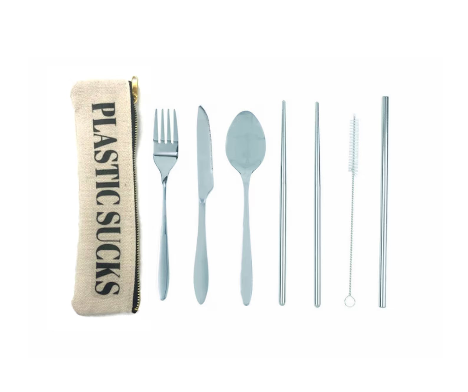 7 Piece Travel Cutlery Set With Hemp Pouch PLASTIC SUCKS