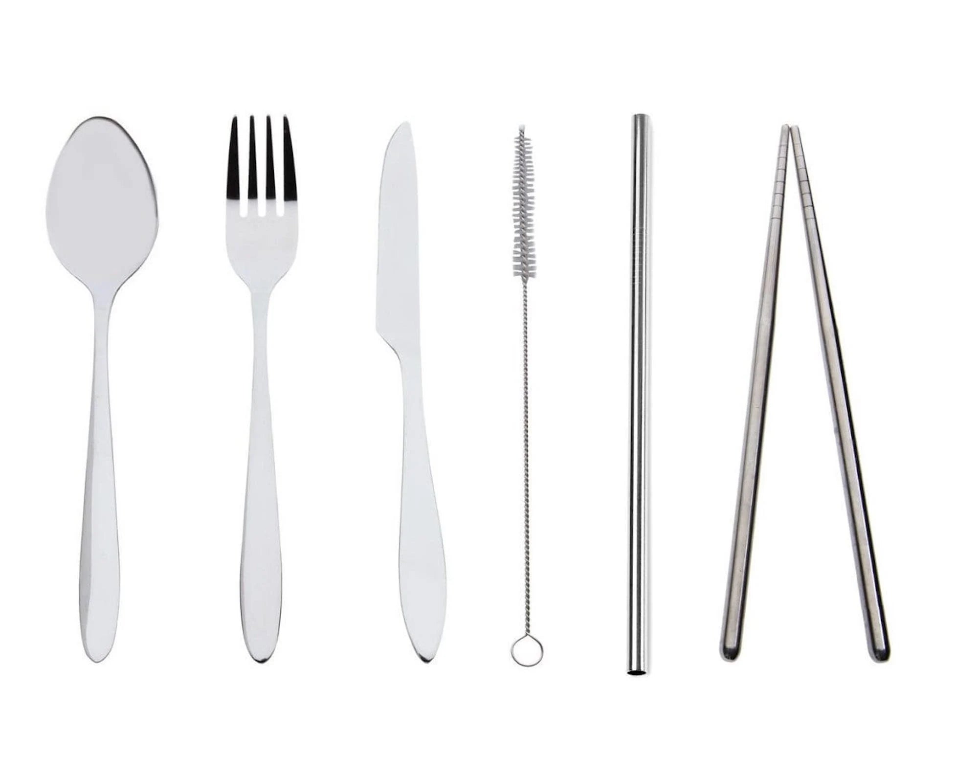 Set of reusable silver cutlery including spoon, fork, knife, and straws on a white background
