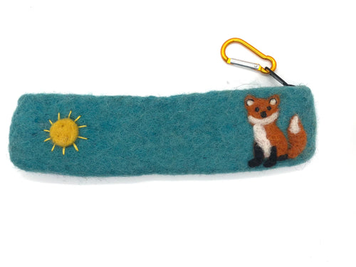 eco-friendly Teal pouch with fox and sun design on a white background