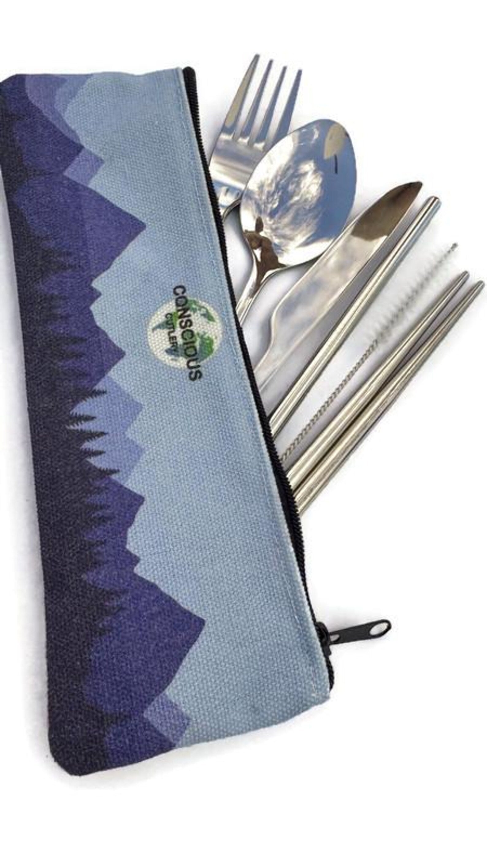 Blue Mountains Travel Cutlery Set w/ Cotton Linen Pouch 