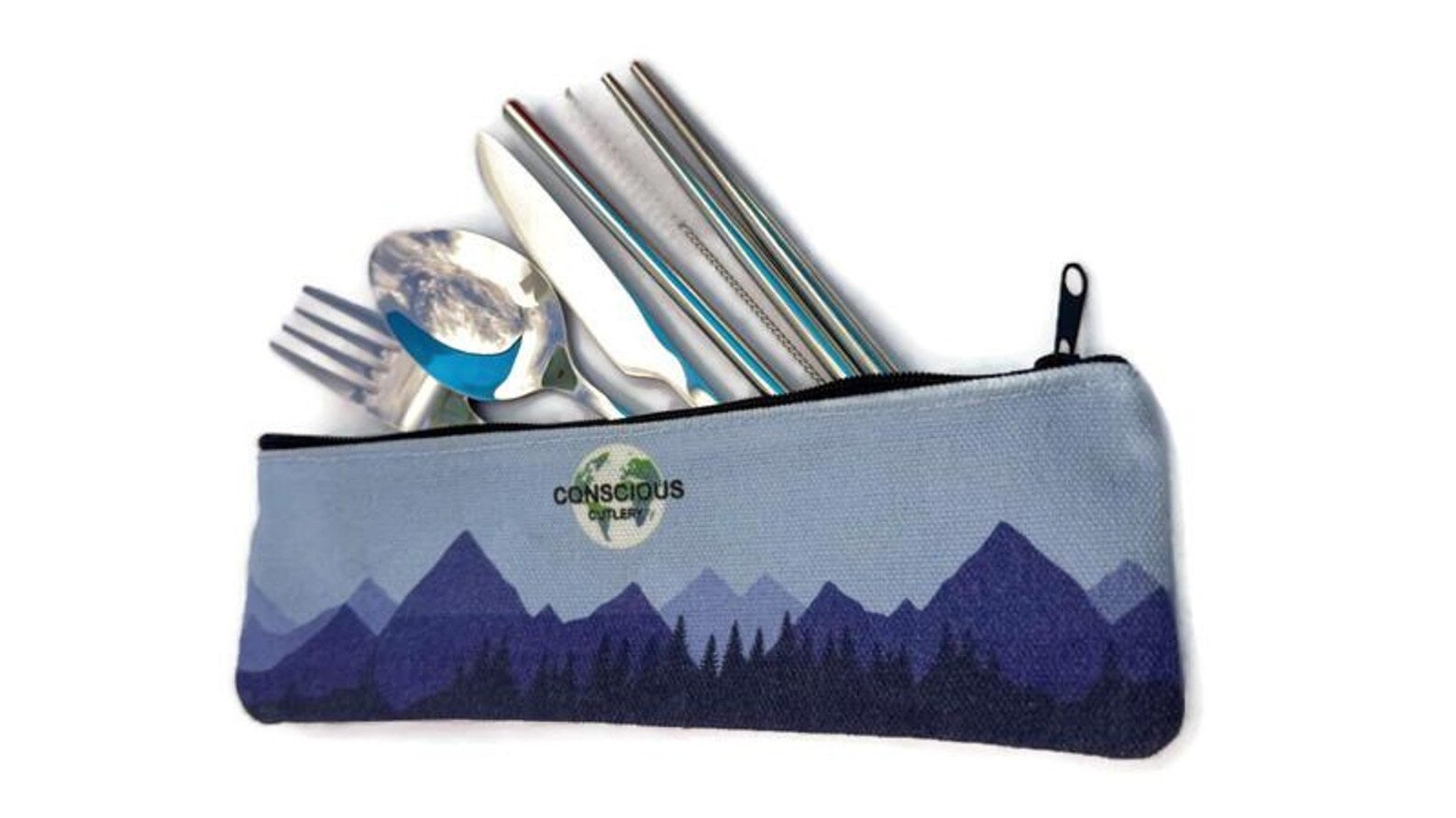 Blue Mountains Travel Cutlery Set w/ Cotton Linen Pouch 