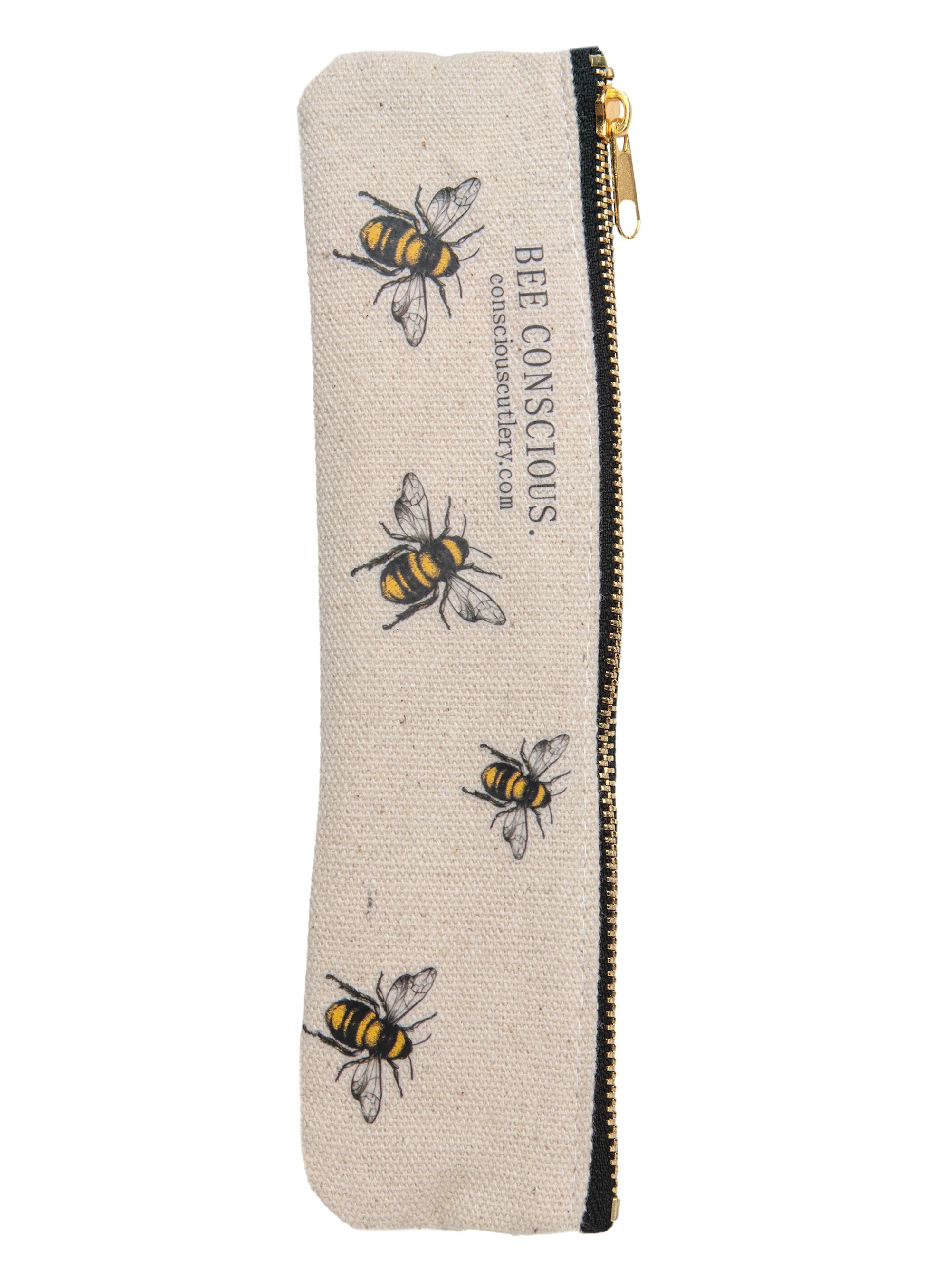 eco friendly utensil case with bee illustrations and 'Bee Conscious' text on a white background