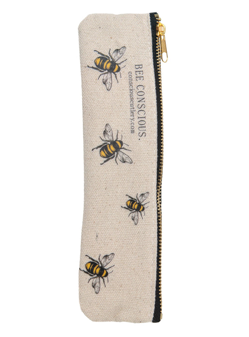 eco friendly utensil case with bee illustrations and 'Bee Conscious' text on a white background