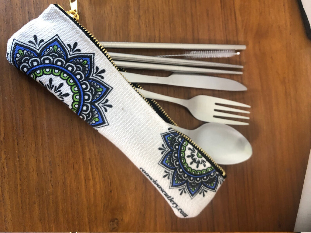 7 Piece Travel Cutlery Set With Hemp Pouch MANDALA