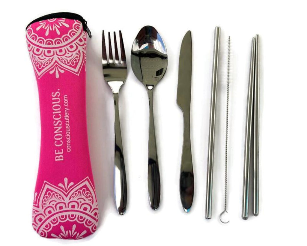 Pink Mandala Limestone Neoprene Travel Cutlery Set 