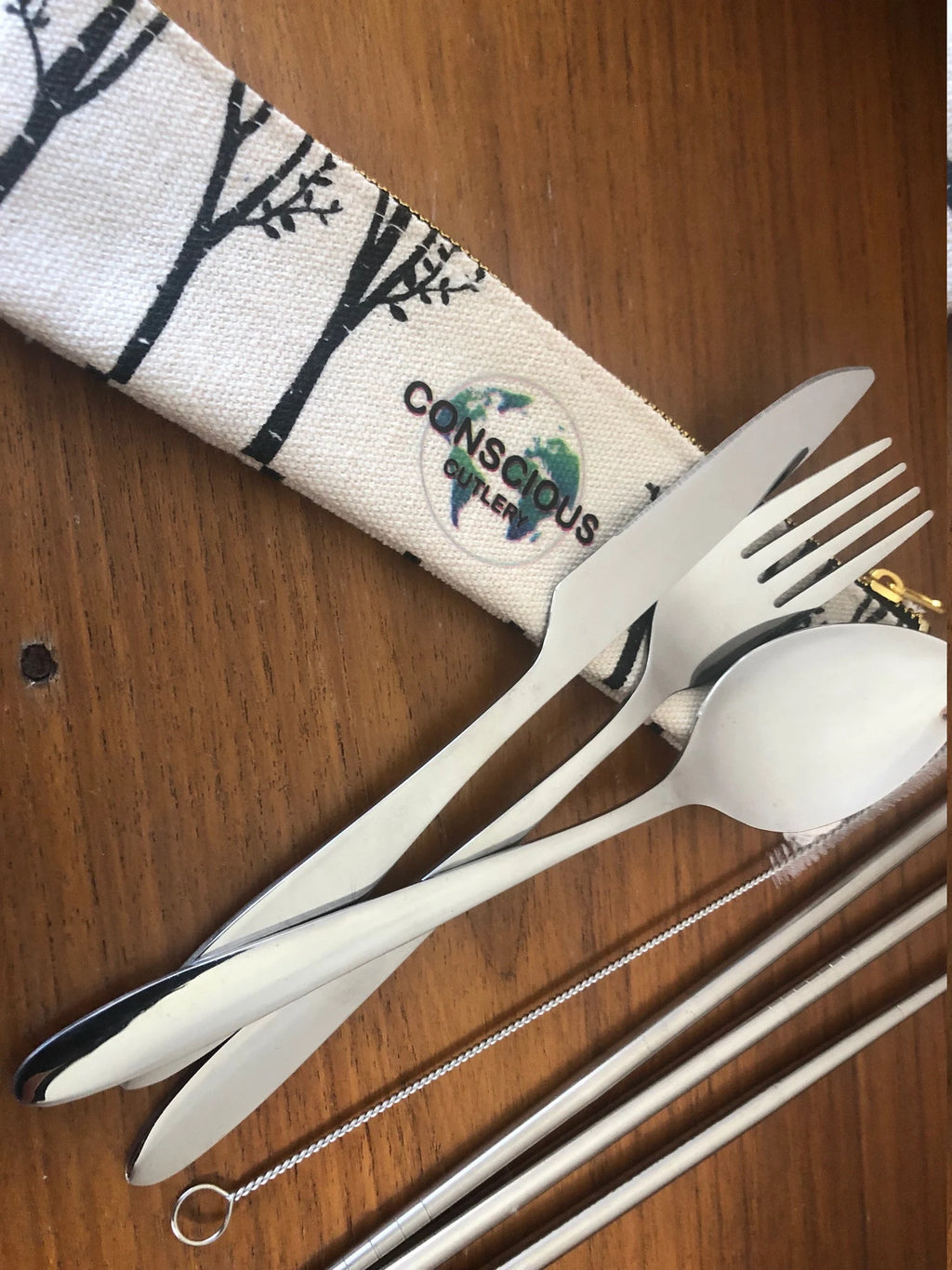 7 Piece Travel Cutlery Set With Hemp Pouch TREES
