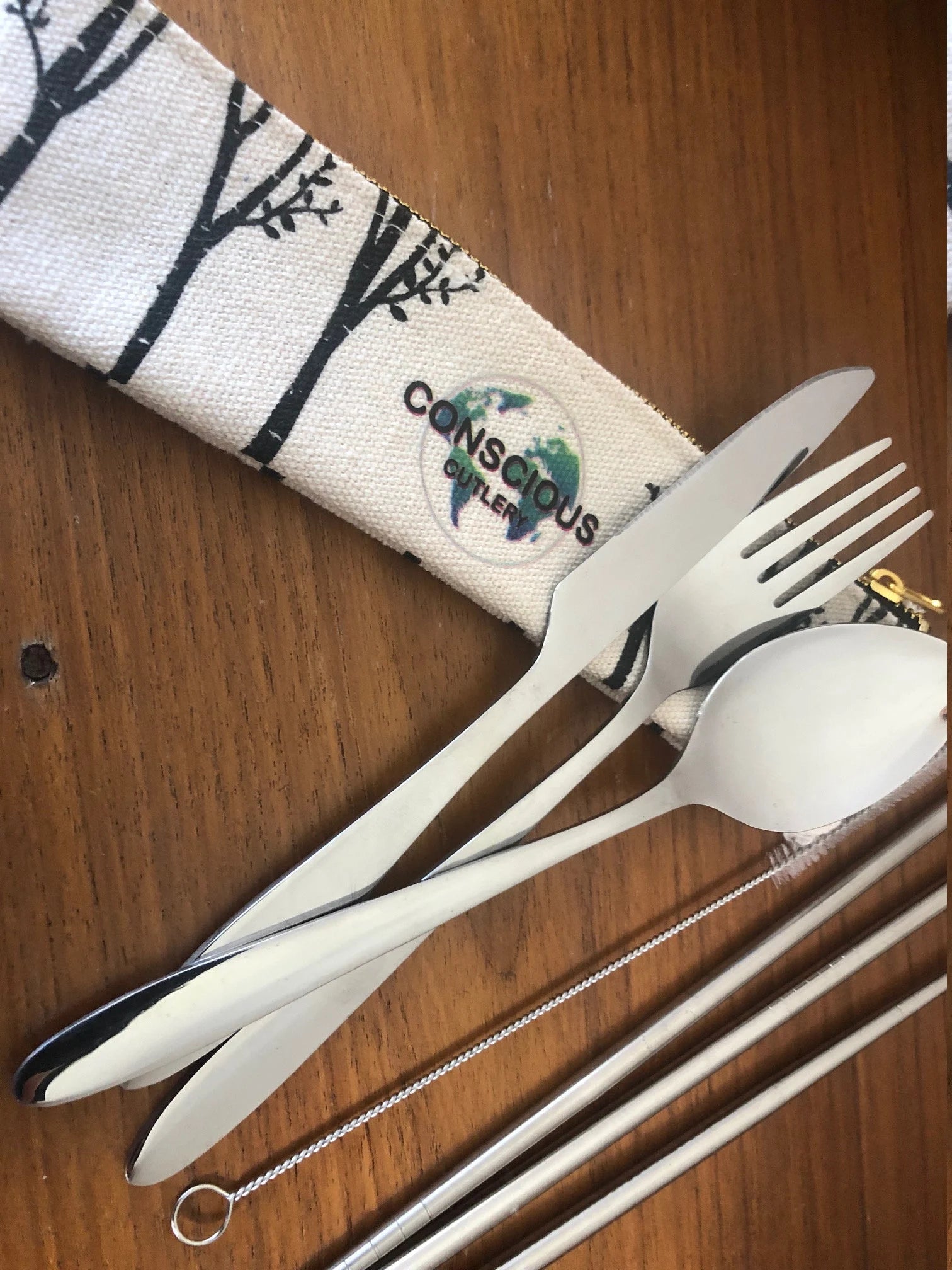 7 Piece Travel Cutlery Set With Hemp Pouch TREES